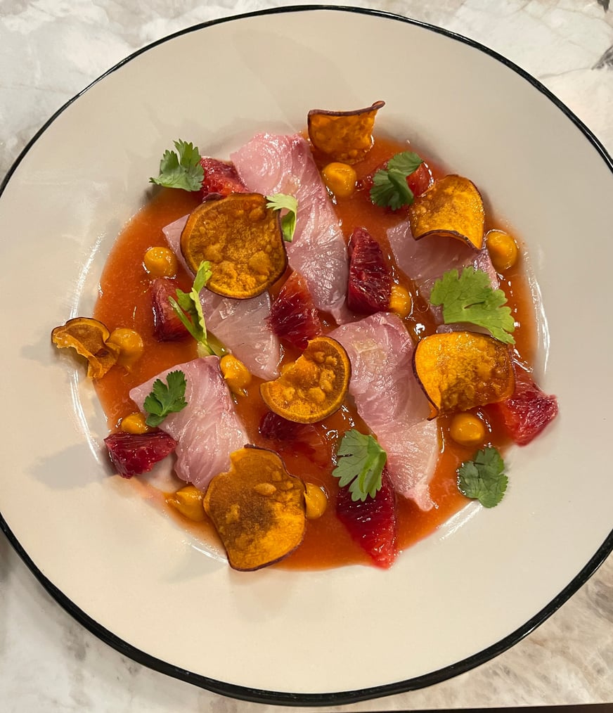 kampachi crudo with blood orange leche de tigre and sweet potato at Sonomas Songbird Parlour restaurant